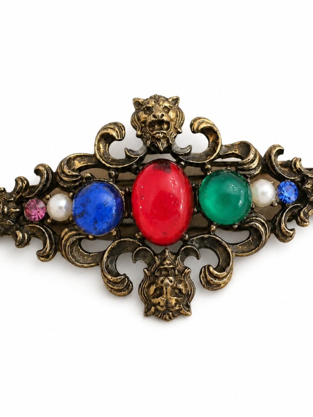 Vintage Lion Head Multicolor Cabochon Statement Brooch